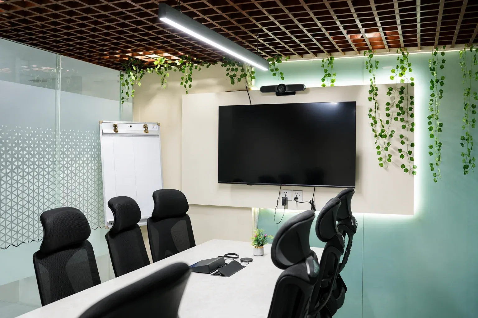 The Forum board room: a long white table, a wall screen and trailing plants